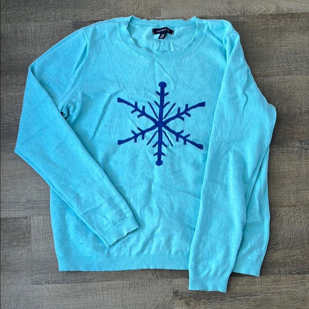 Lands' End Blue Crew Neck Sweater with Snowflake Design